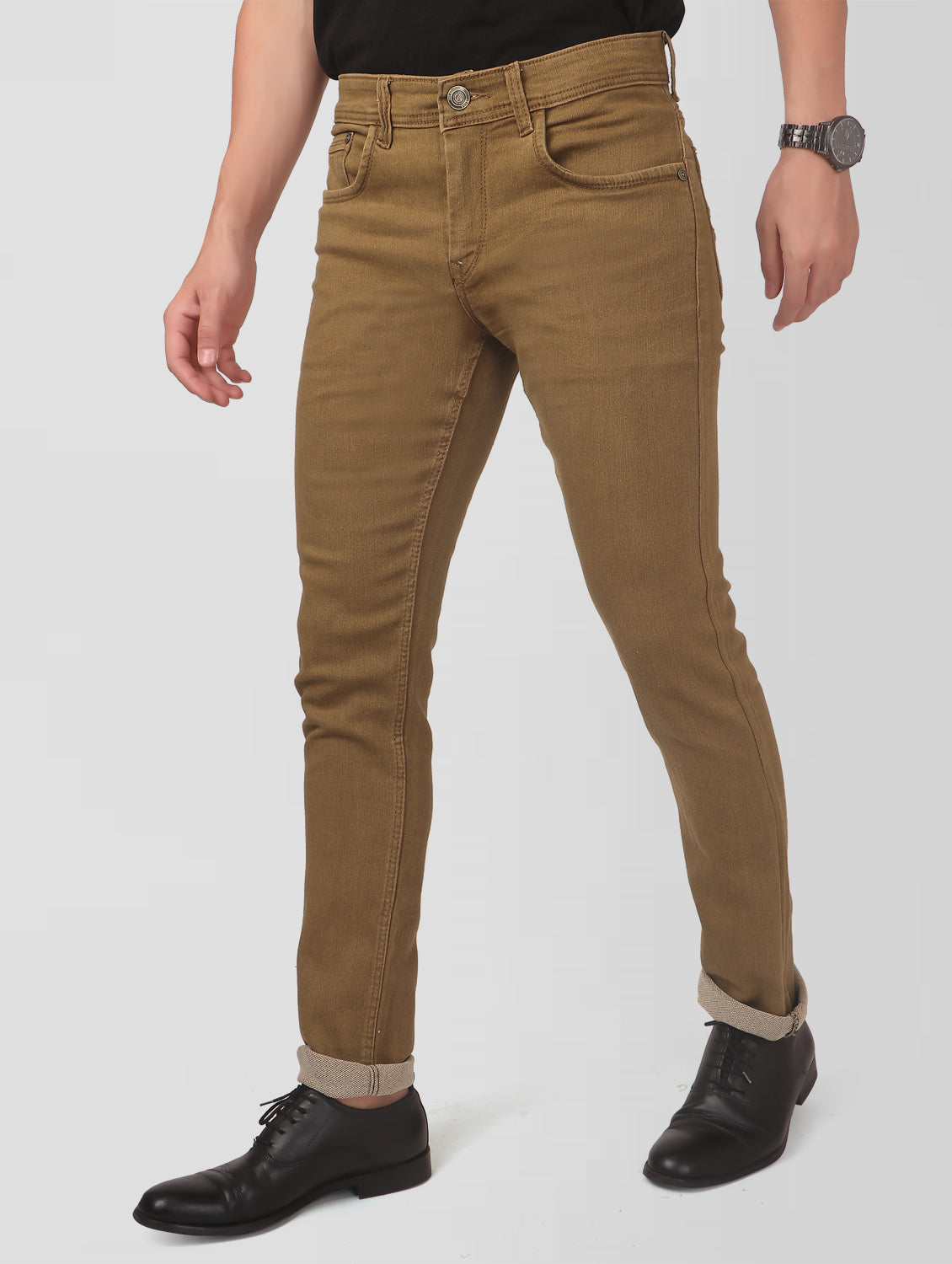 TCI Men’s Golden Brown Slim Fit Jeans – Side view demonstrating the slim fit and overall profile.