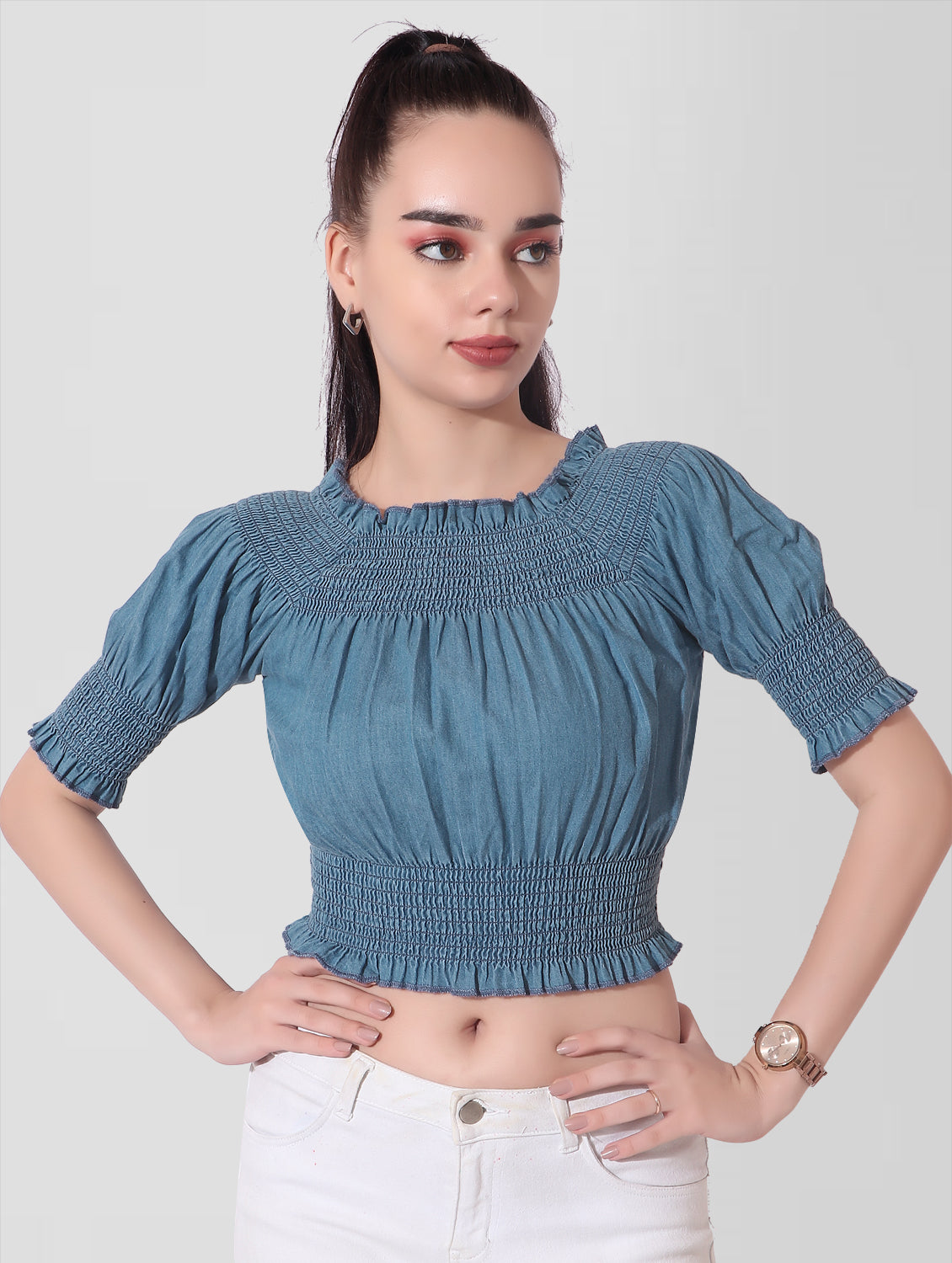 Cefalu®️ Women Blue Denim Smocked Off Shoulder Crop Top