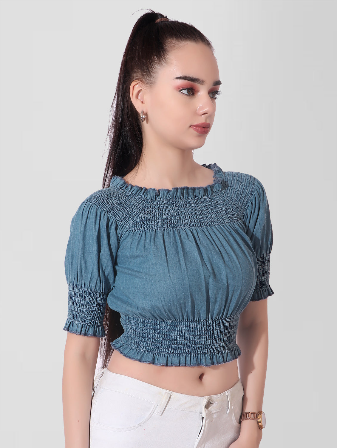 Cefalu®️ Women Blue Denim Smocked Off Shoulder Crop Top