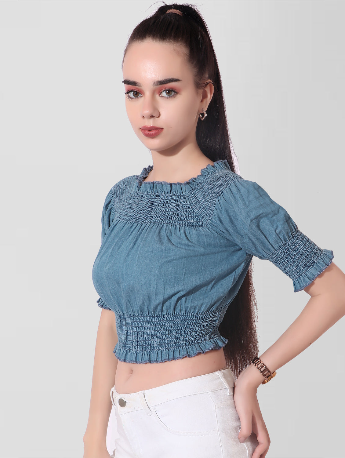 Cefalu®️ Women Blue Denim Smocked Off Shoulder Crop Top