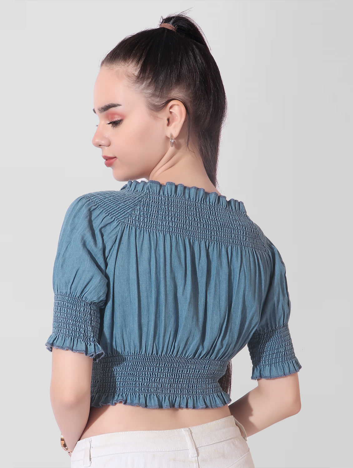 Cefalu®️ Women Blue Denim Smocked Off Shoulder Crop Top