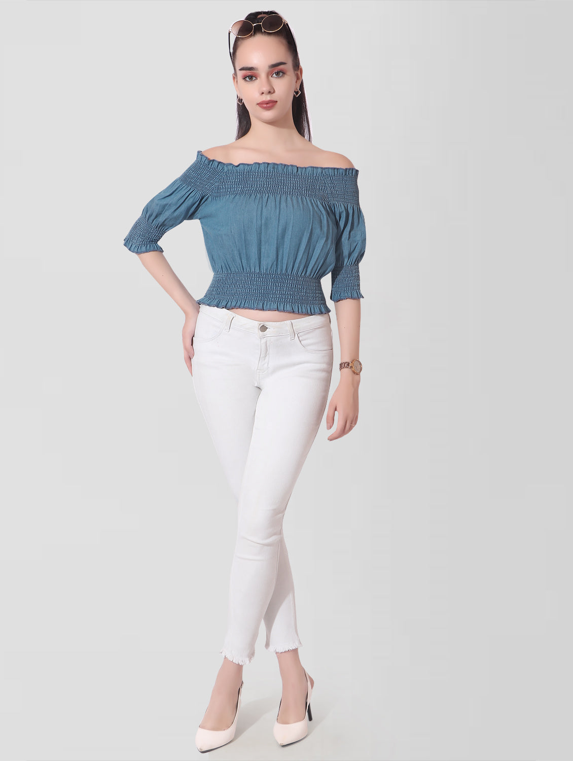 Cefalu®️ Women Blue Denim Smocked Off Shoulder Crop Top