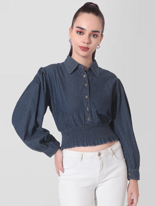 Cefalu®️ Casual Balloon Sleeve Solid Women Blue Top