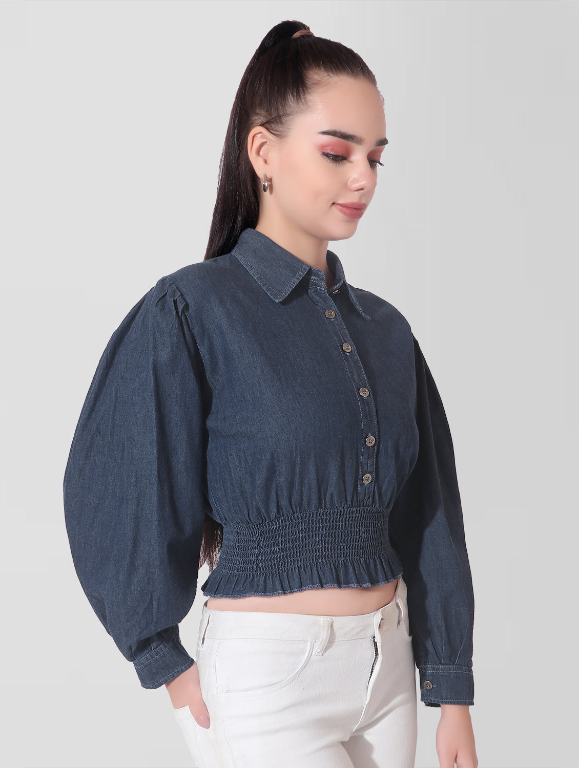 Cefalu®️ Casual Balloon Sleeve Solid Women Blue Top