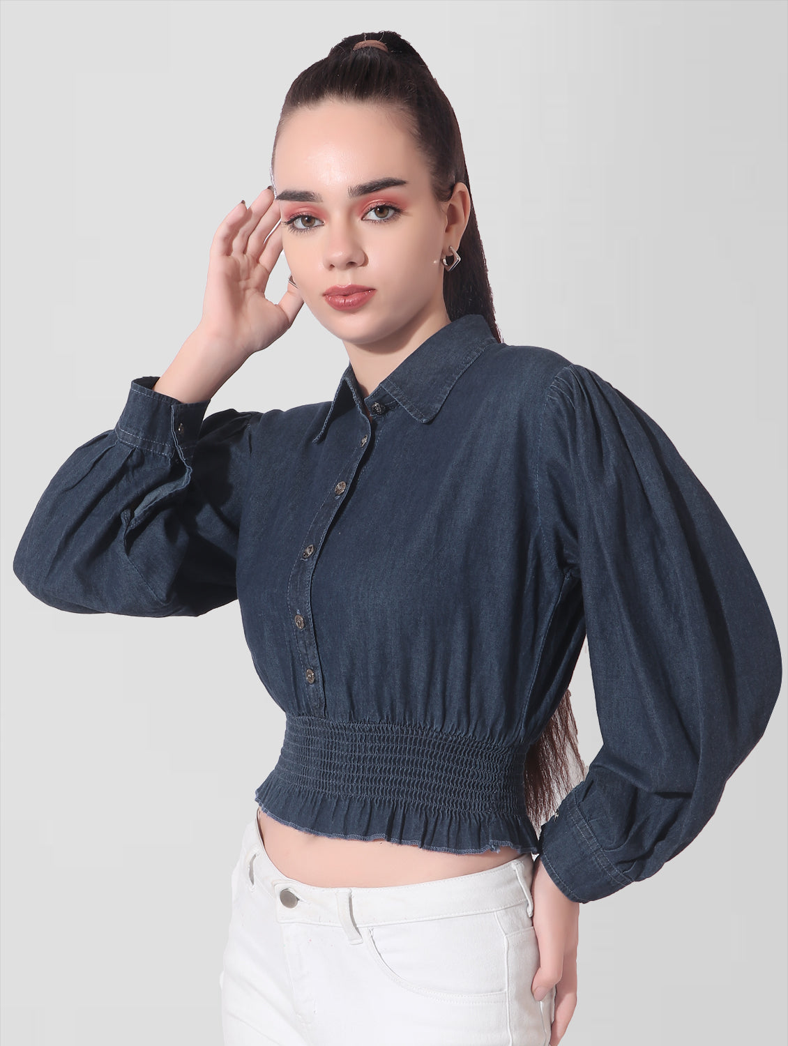 Cefalu®️ Casual Balloon Sleeve Solid Women Blue Top