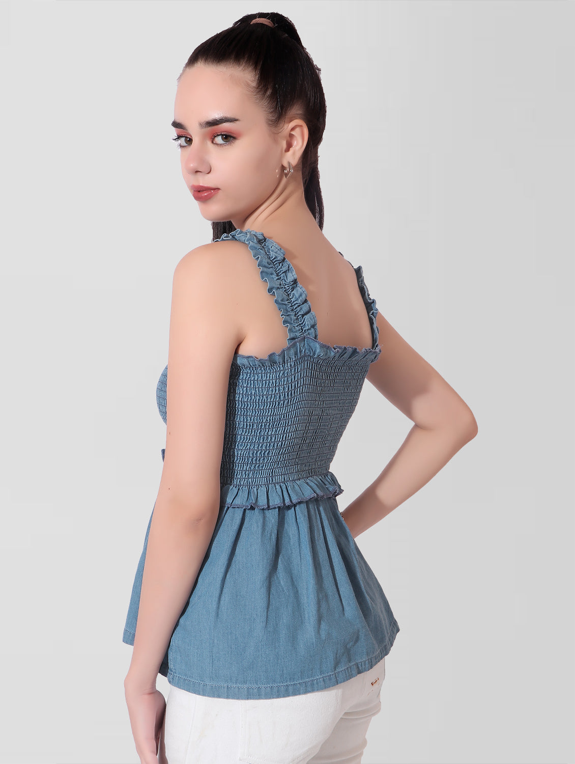 Cefalu®️ Women Blue Denim Smocked Sleeveless Top