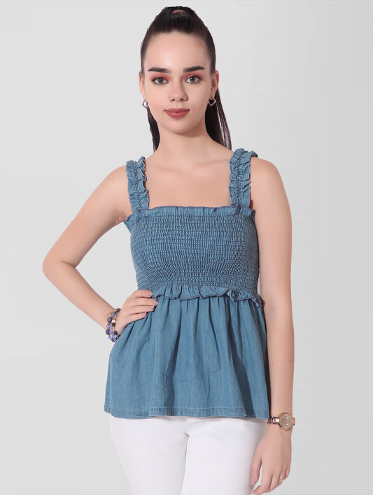 Cefalu®️ Women Blue Denim Smocked Sleeveless Top