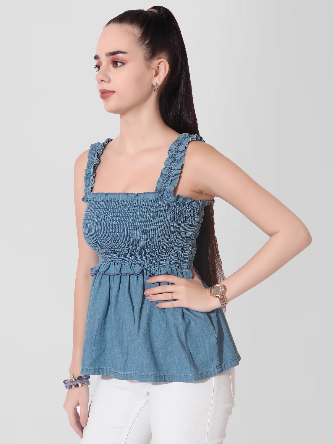 Cefalu®️ Women Blue Denim Smocked Sleeveless Top