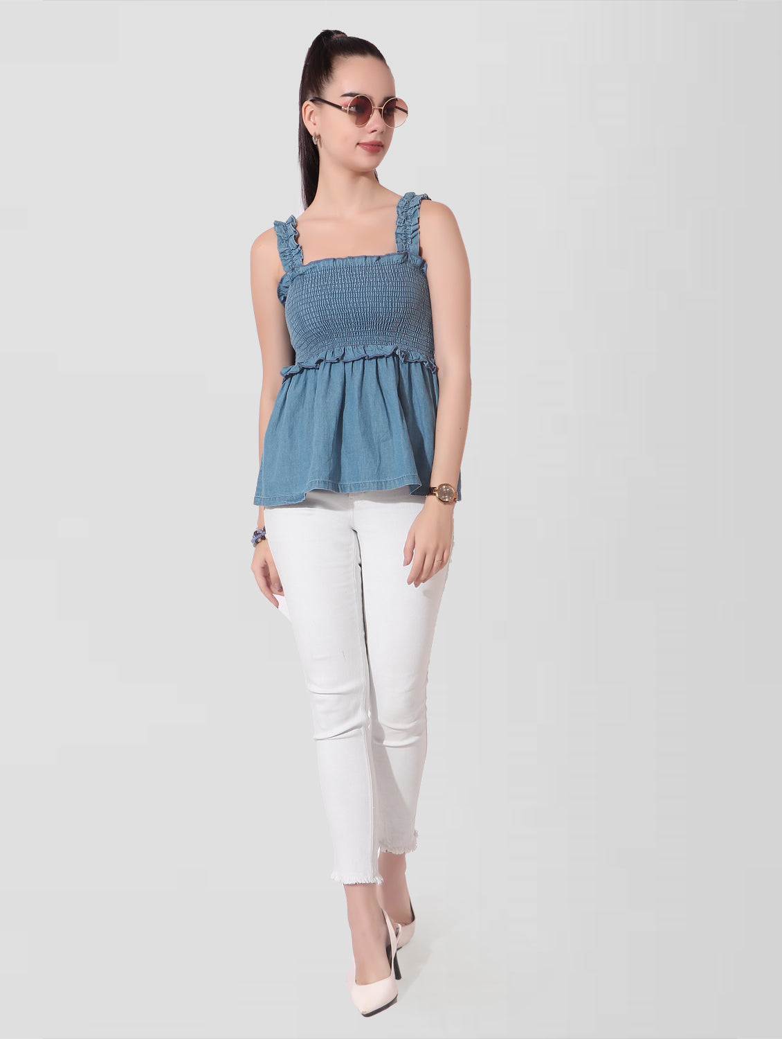 Cefalu®️ Women Blue Denim Smocked Sleeveless Top