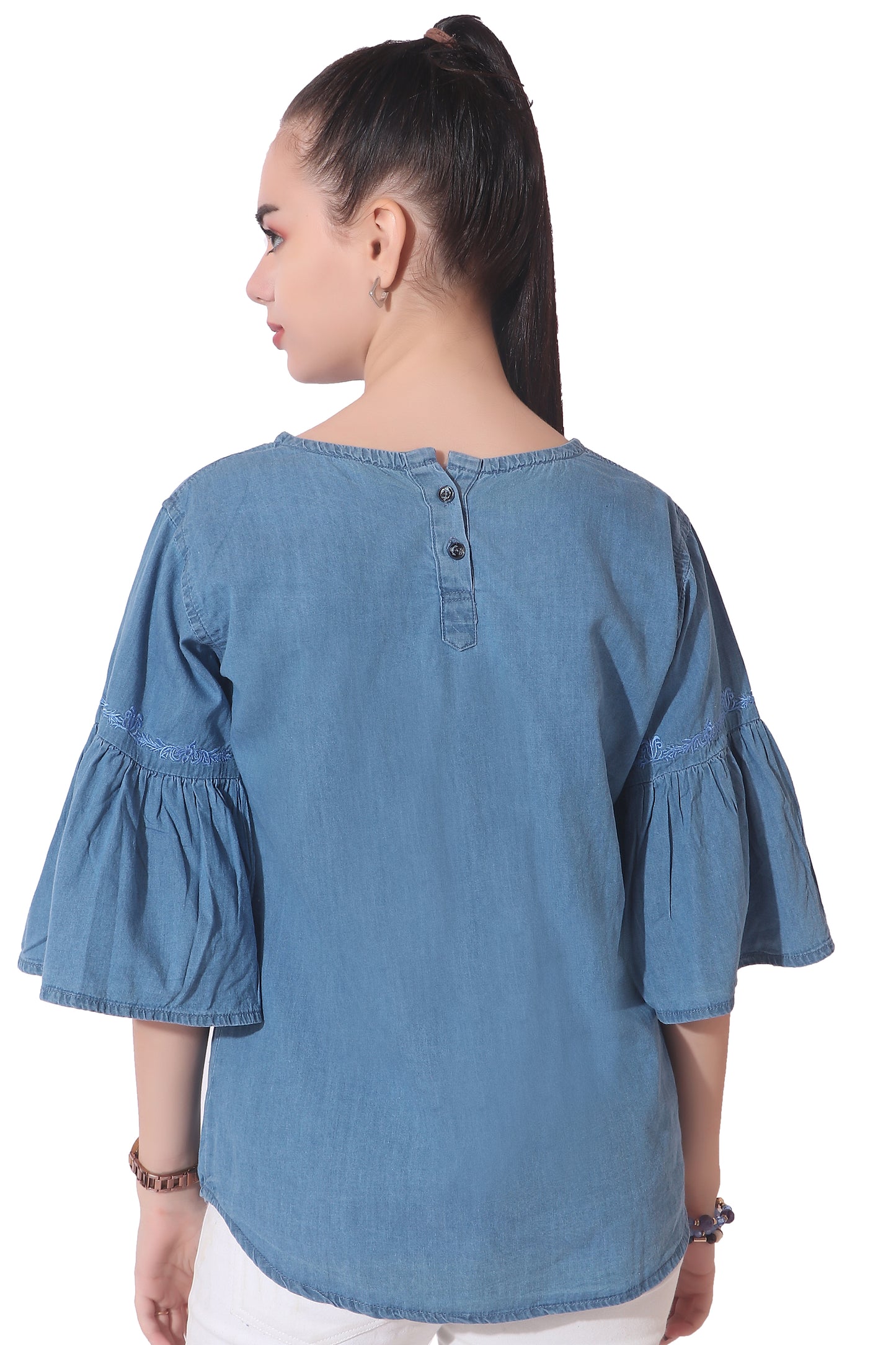 Cefalu Women’s Light Blue Denim Top with Embroidery - Casual 3/4 Bell Sleeves