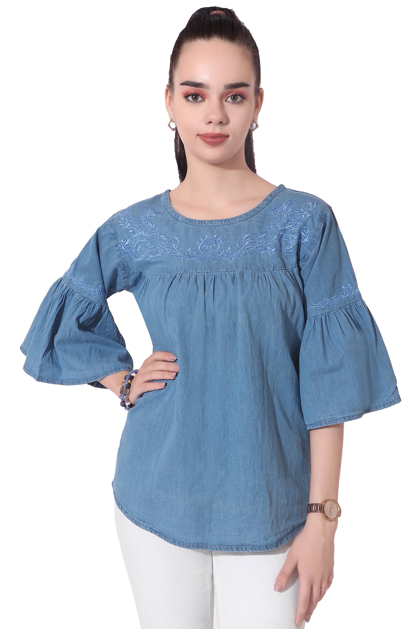 Cefalu Women’s Light Blue Denim Top with Embroidery - Casual 3/4 Bell Sleeves