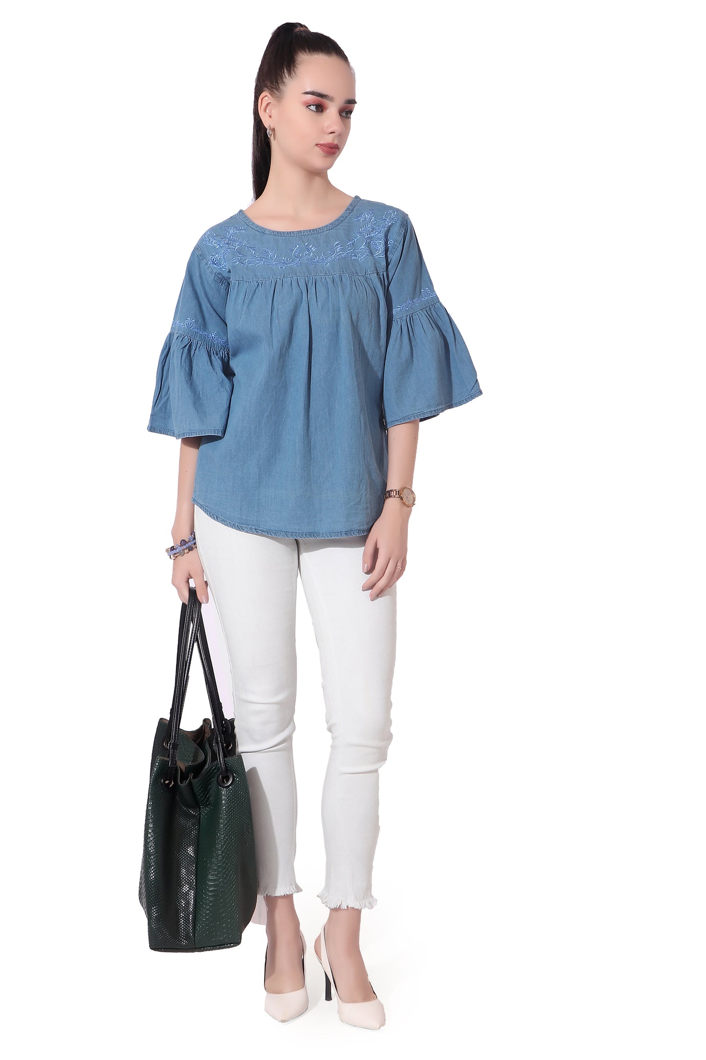 Cefalu Women’s Light Blue Denim Top with Embroidery - Casual 3/4 Bell Sleeves