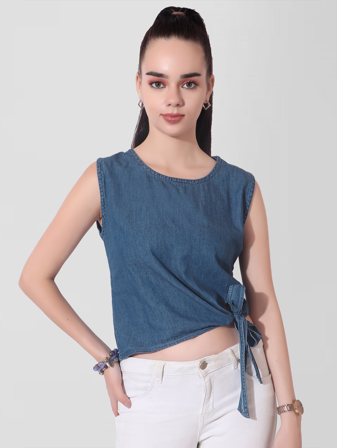 Cefalu®️ Women Sleeveless Solid Blue Side Knotted Top