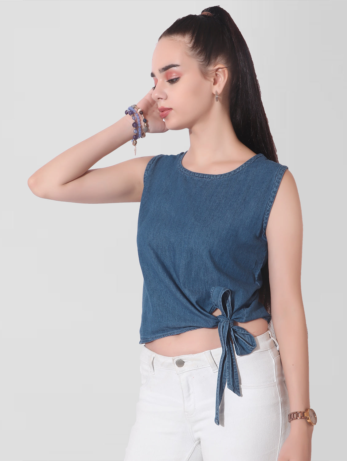 Cefalu®️ Women Sleeveless Solid Blue Side Knotted Top