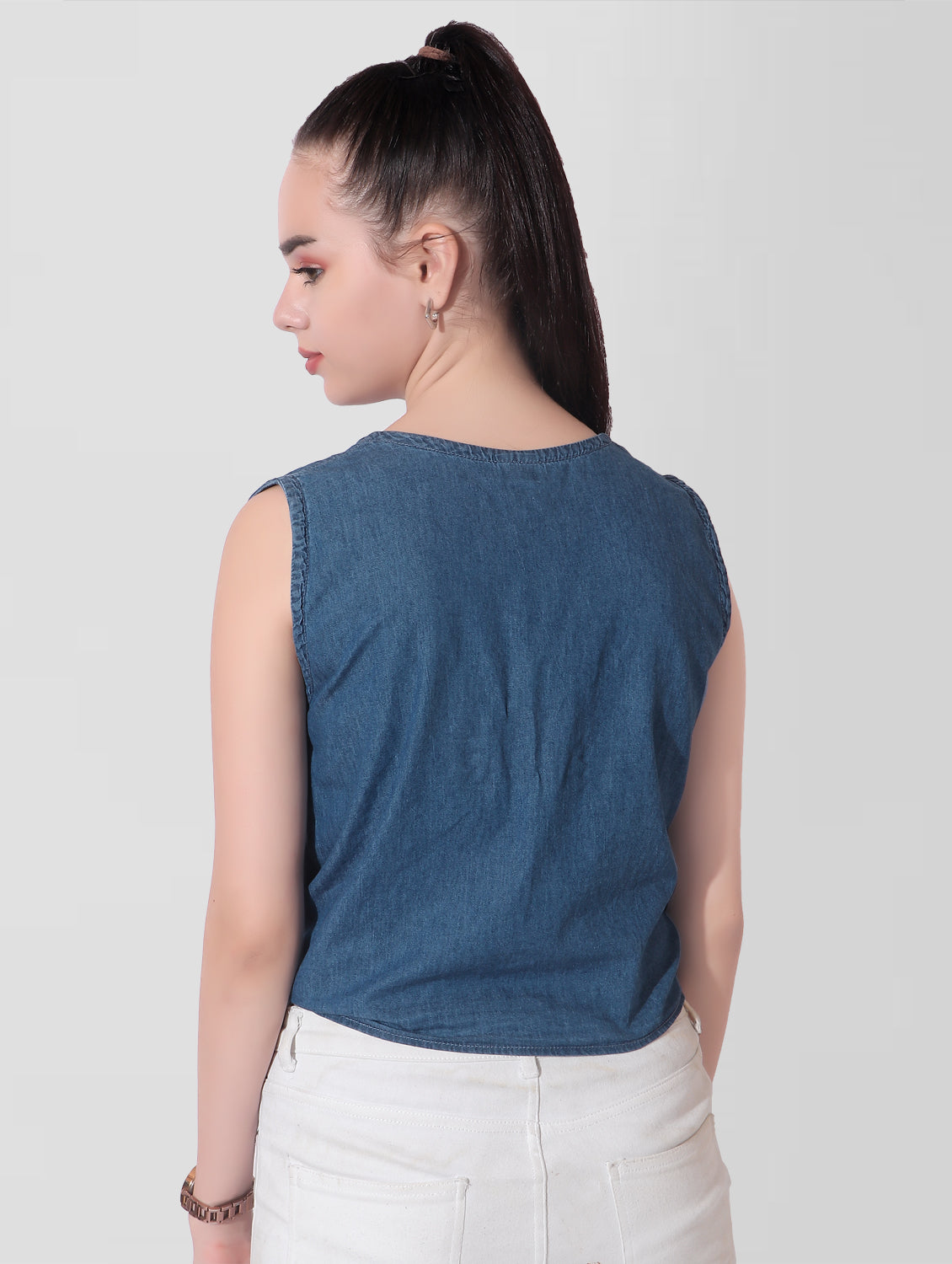 Cefalu®️ Women Sleeveless Solid Blue Side Knotted Top