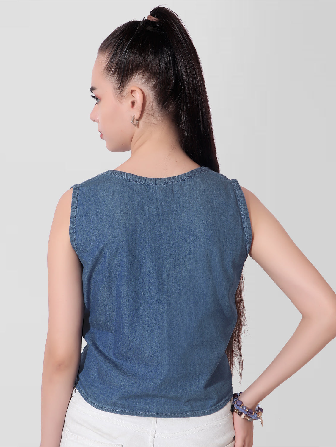 Cefalu®️ Casual Sleeveless Solid Women Blue Center Knotted Top