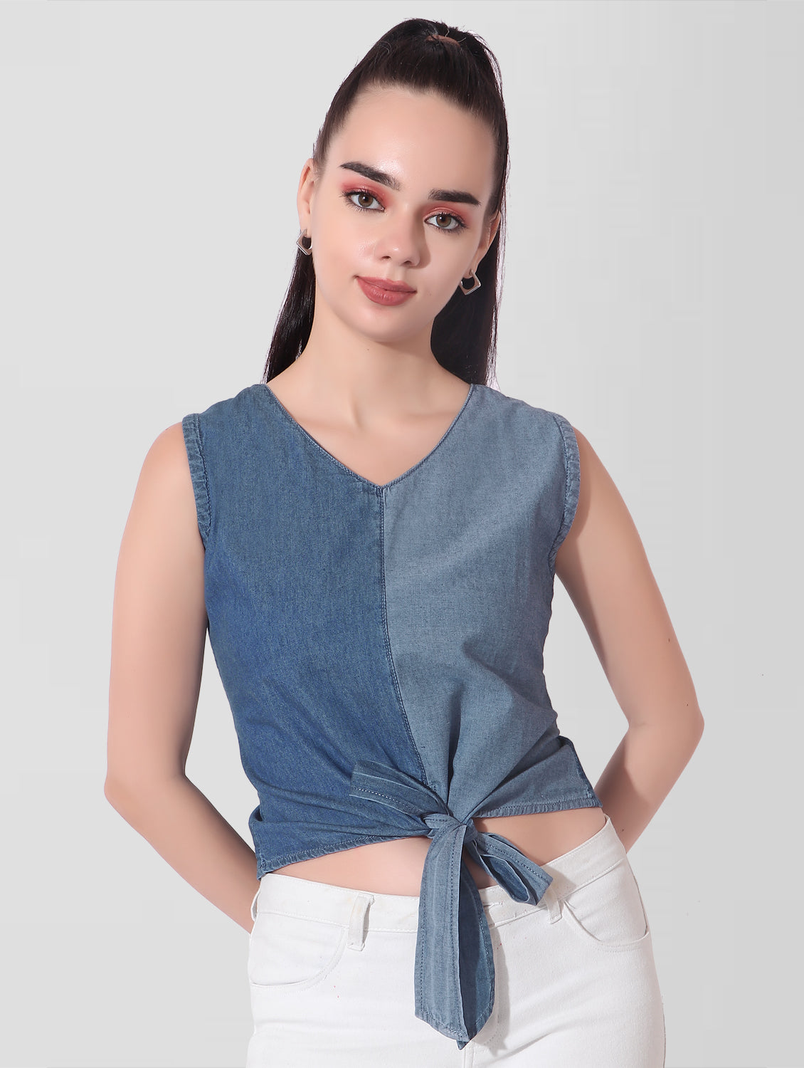 Cefalu®️ Casual Sleeveless Solid Women Blue Center Knotted Top