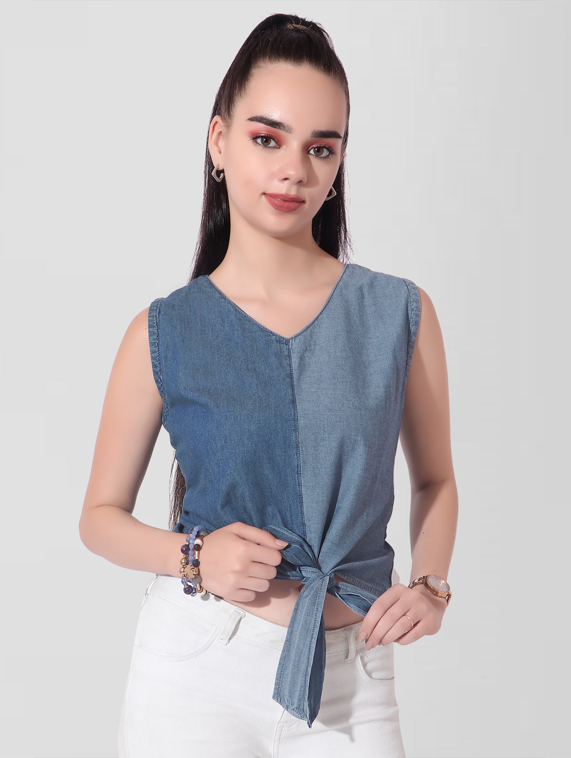 Cefalu®️ Casual Sleeveless Solid Women Blue Center Knotted Top