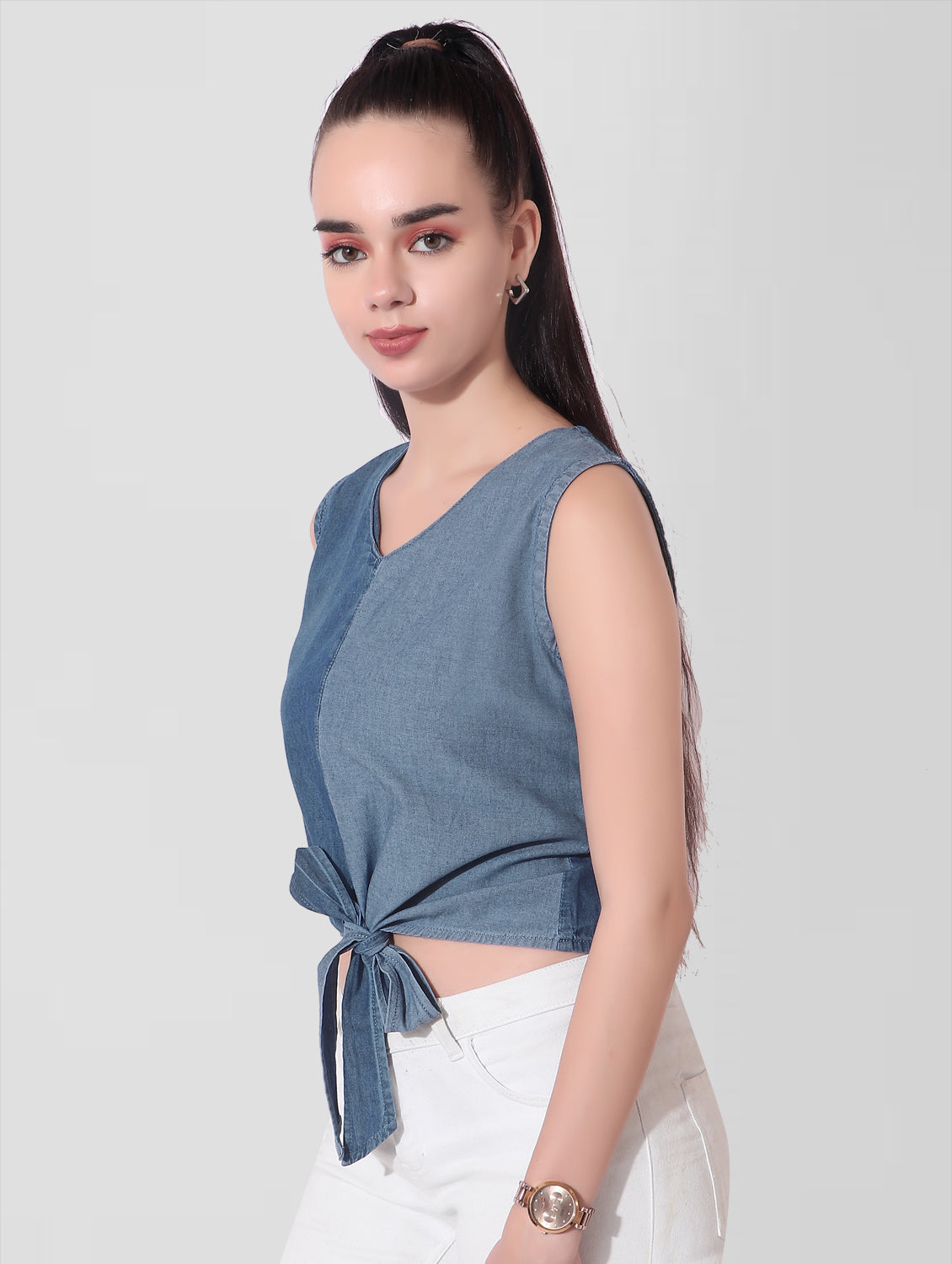 Cefalu®️ Casual Sleeveless Solid Women Blue Center Knotted Top