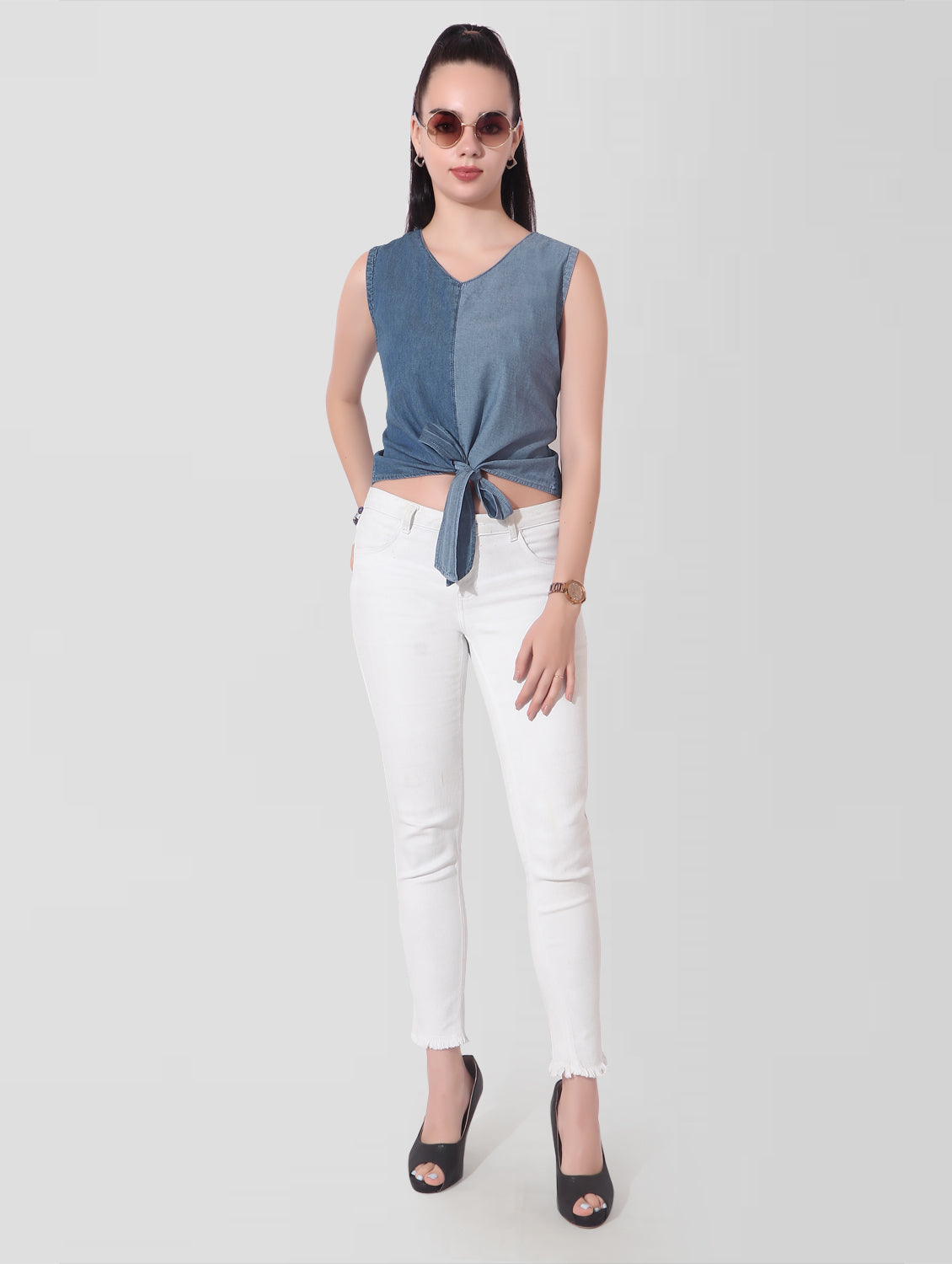 Cefalu®️ Casual Sleeveless Solid Women Blue Center Knotted Top