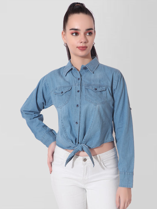 Cefalu Women’s Blue Denim Top - Full front view showcasing knotted design and collared neck