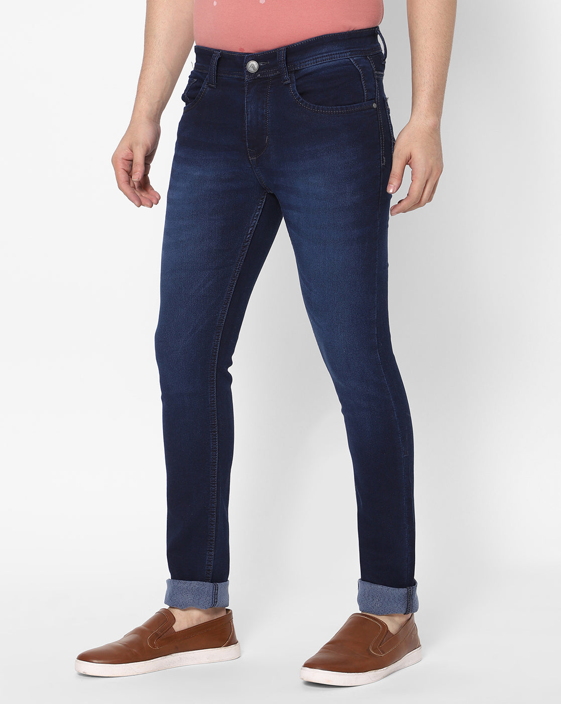 Side view of TCI Men's Regular Fit Dark Blue Jeans, emphasizing the relaxed fit and mid-rise design