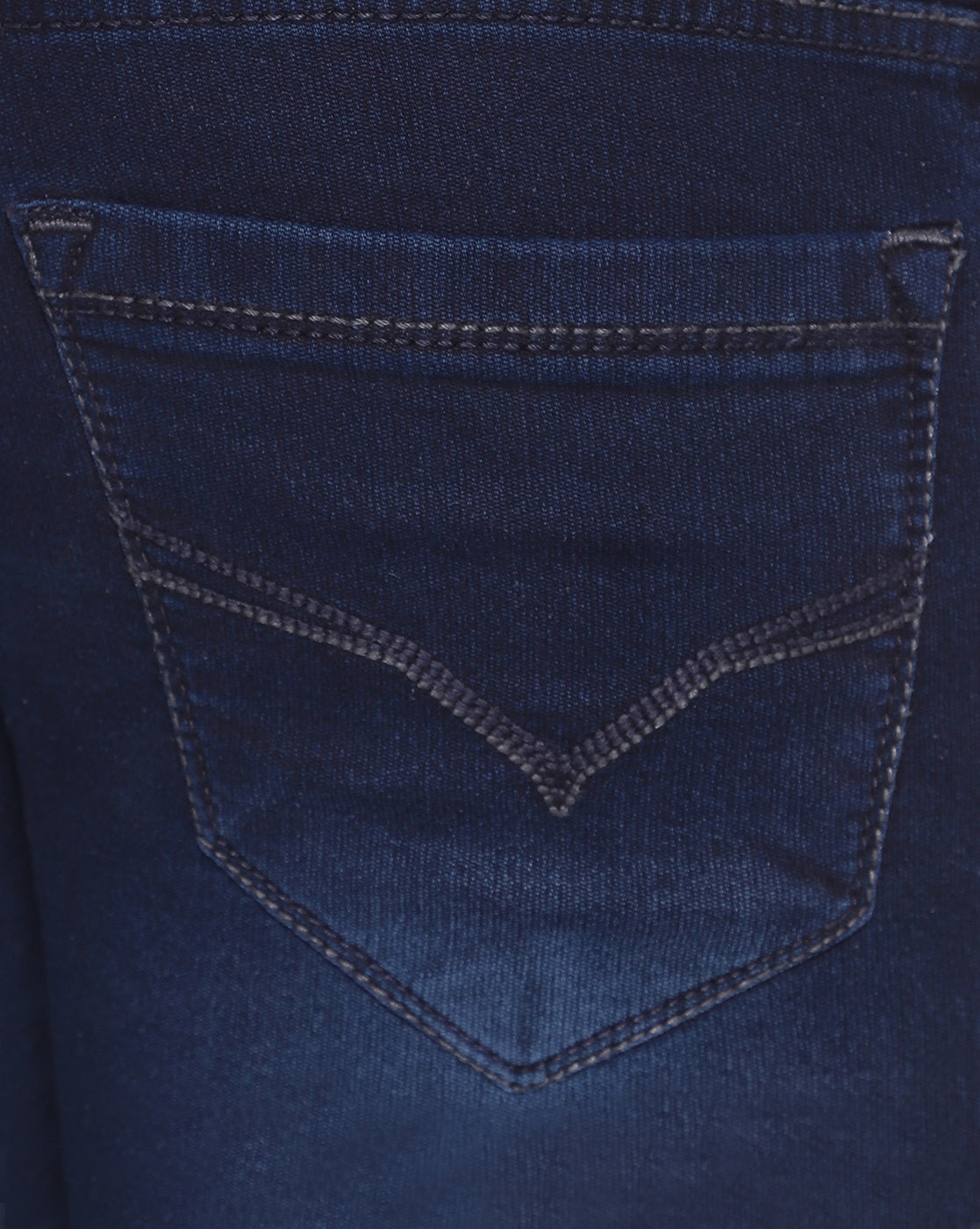 Close-up of TCI Men's Regular Fit Dark Blue Jeans fabric, featuring high-quality stretchable cotton and light fade