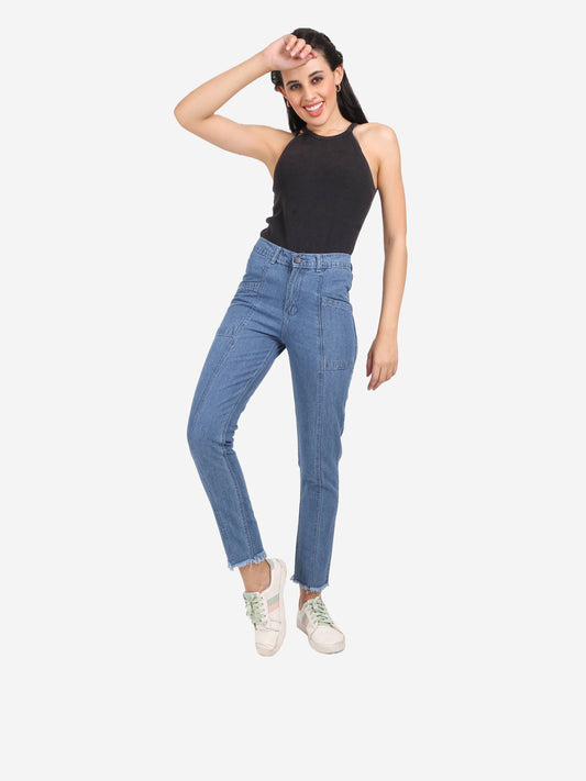Cefalu Women's Blue Mid-Rise Mom Jeans styled with a casual tee - Example of versatile outfit pairing for various occasions.