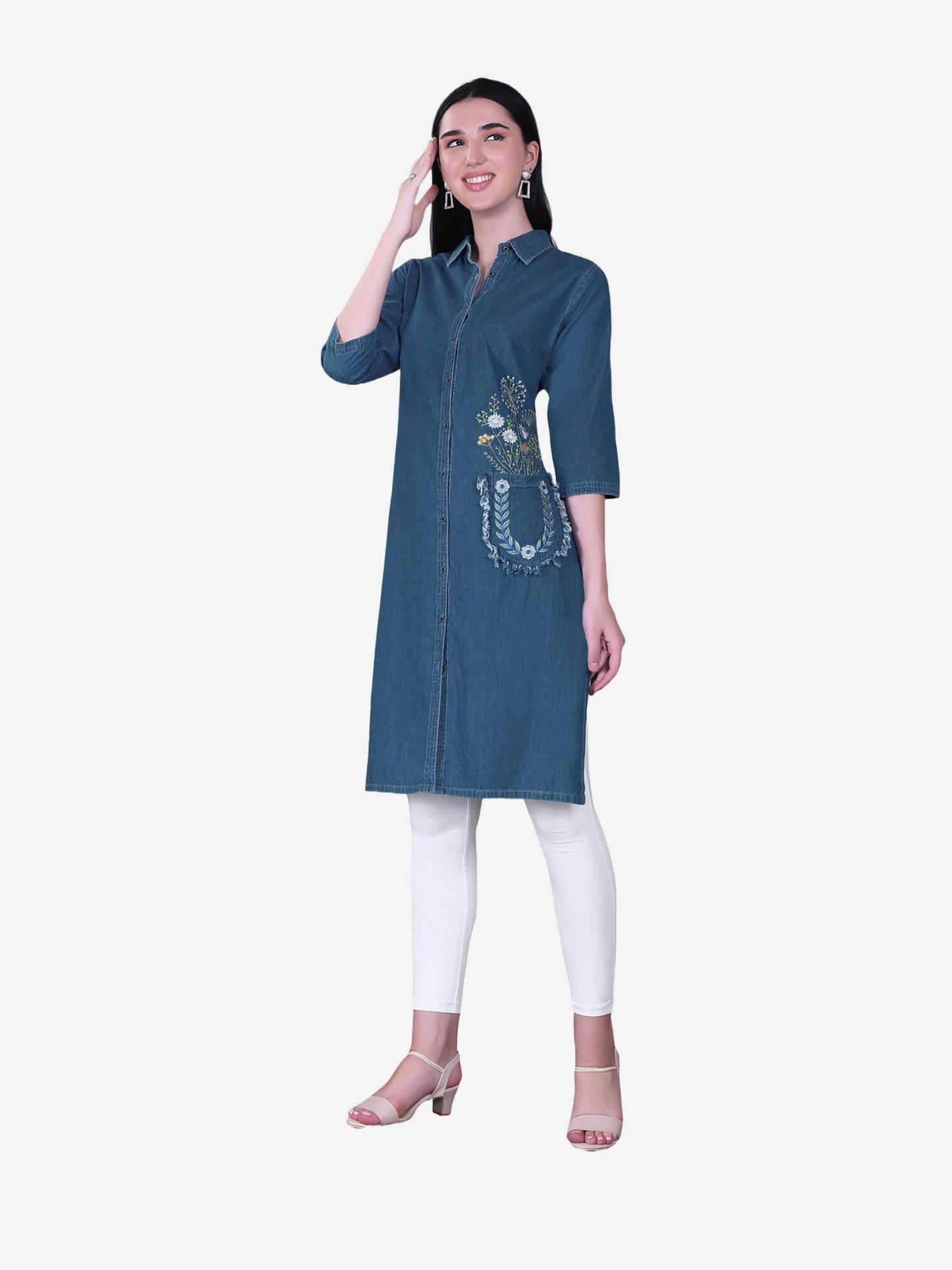 Cefalu Women’s Dark Blue Denim Kurti – Front view showing shirt collar, flower embroidery on pocket, and below-knee length.