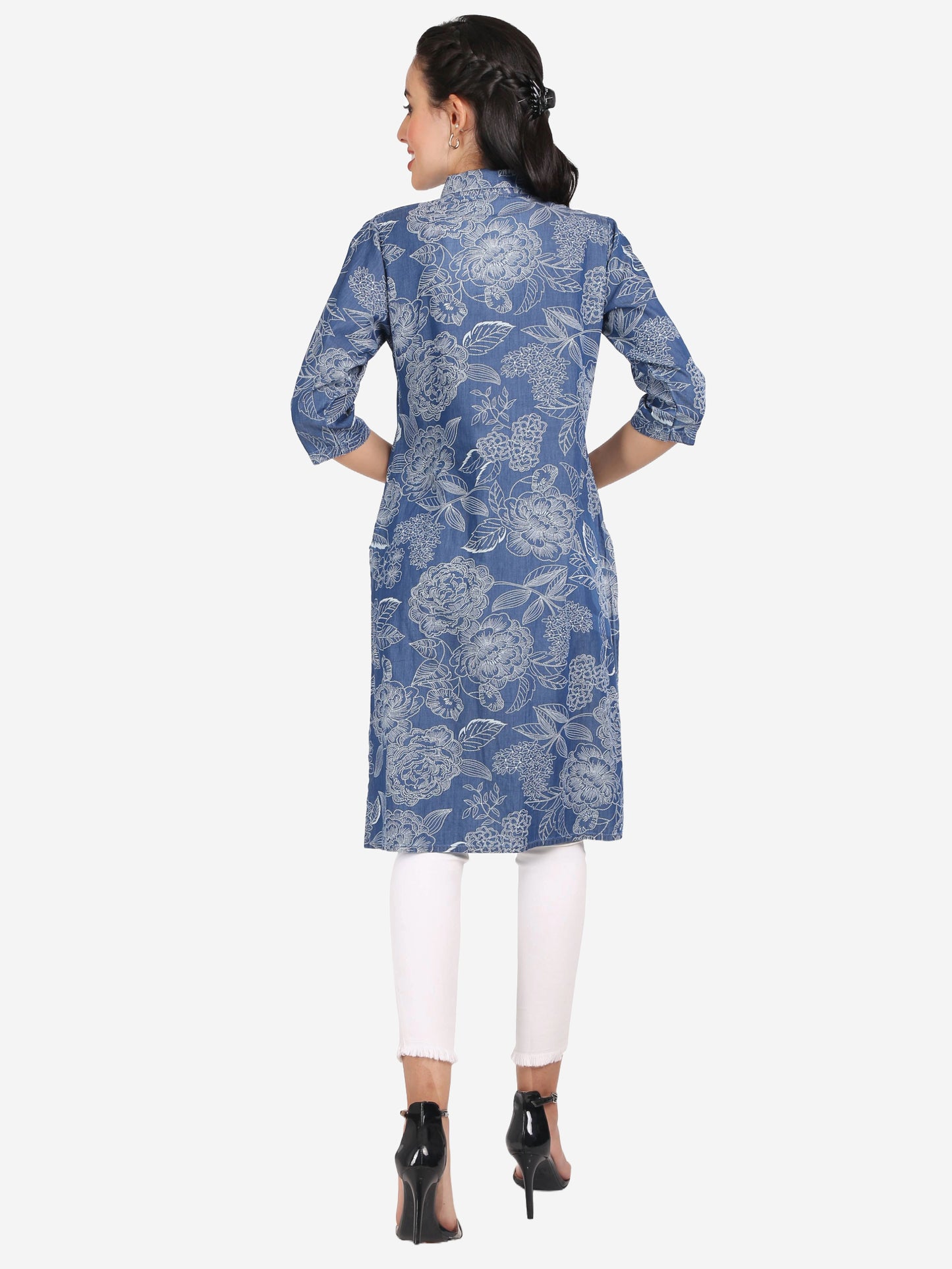 Back view of Cefalu®️ Women’s Blue Denim Kurti showcasing the full length and overall fit.