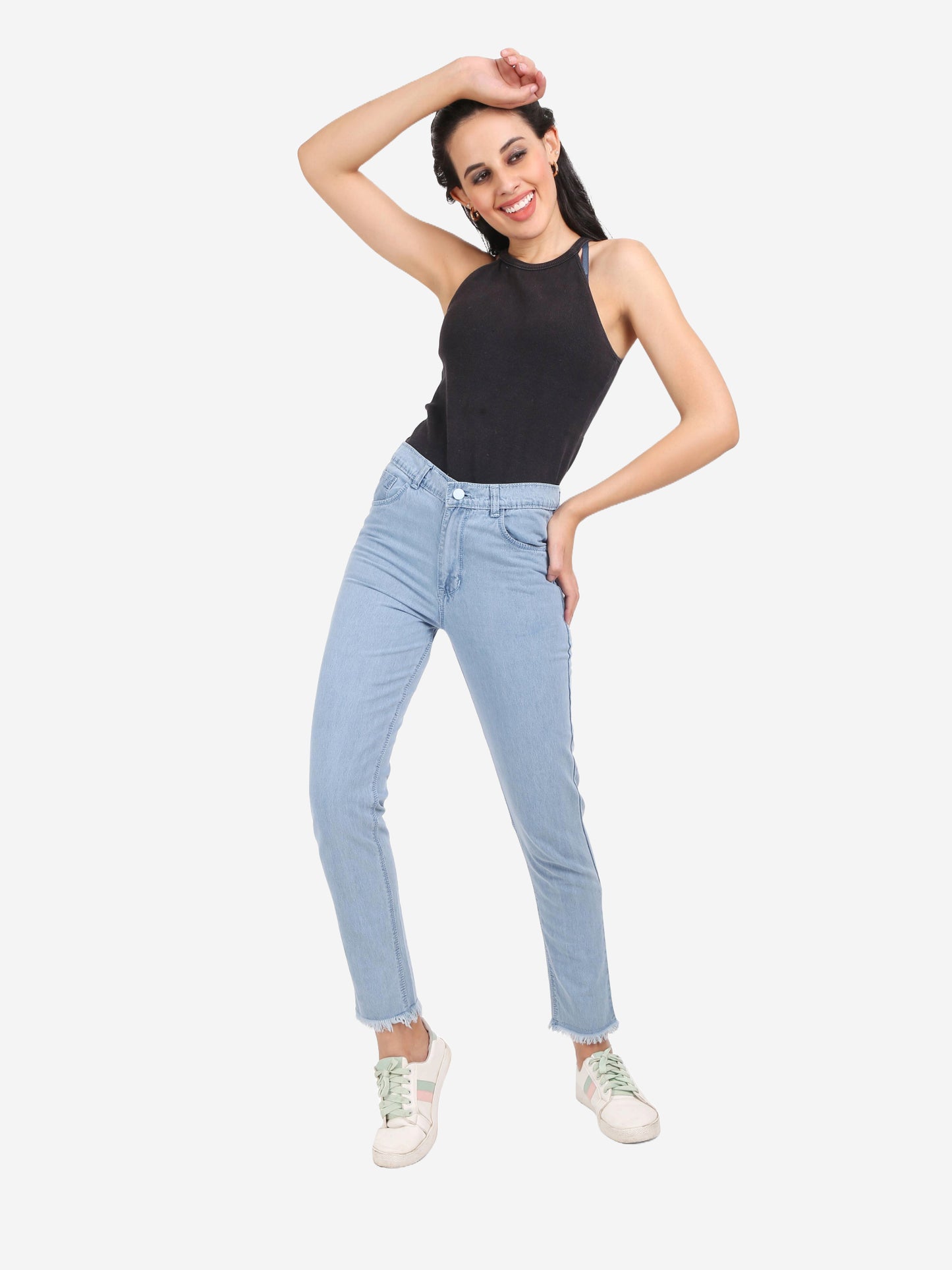 Cefalu Women's Blue Mid-Rise Mom Jeans styled with a casual tee - Example of versatile outfit pairing for various occasions.