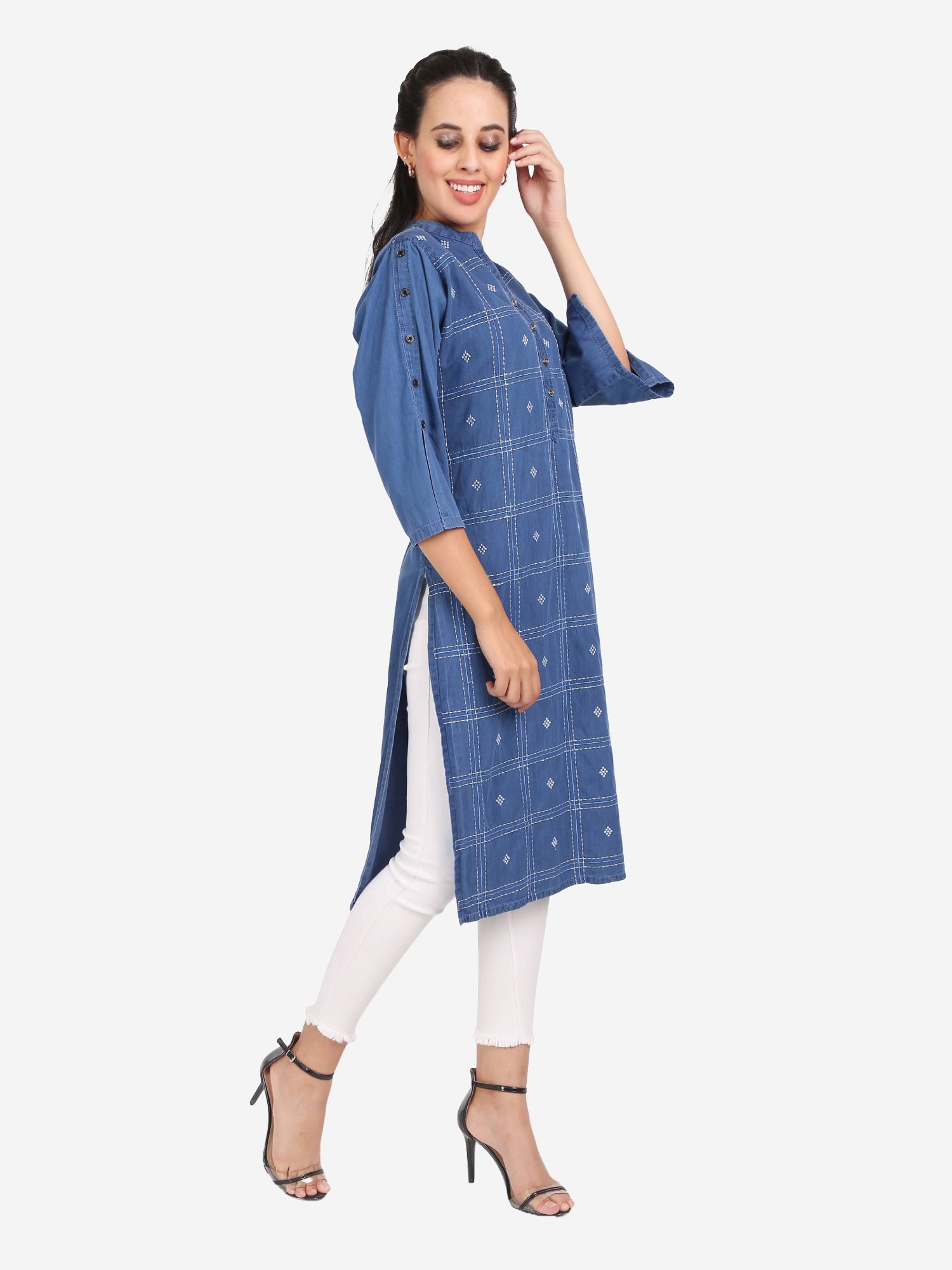 Side view of Cefalu®️ Women’s Blue Checkered Denim Kurti, emphasizing the calf-length, straight fit, and 3/4 sleeves.