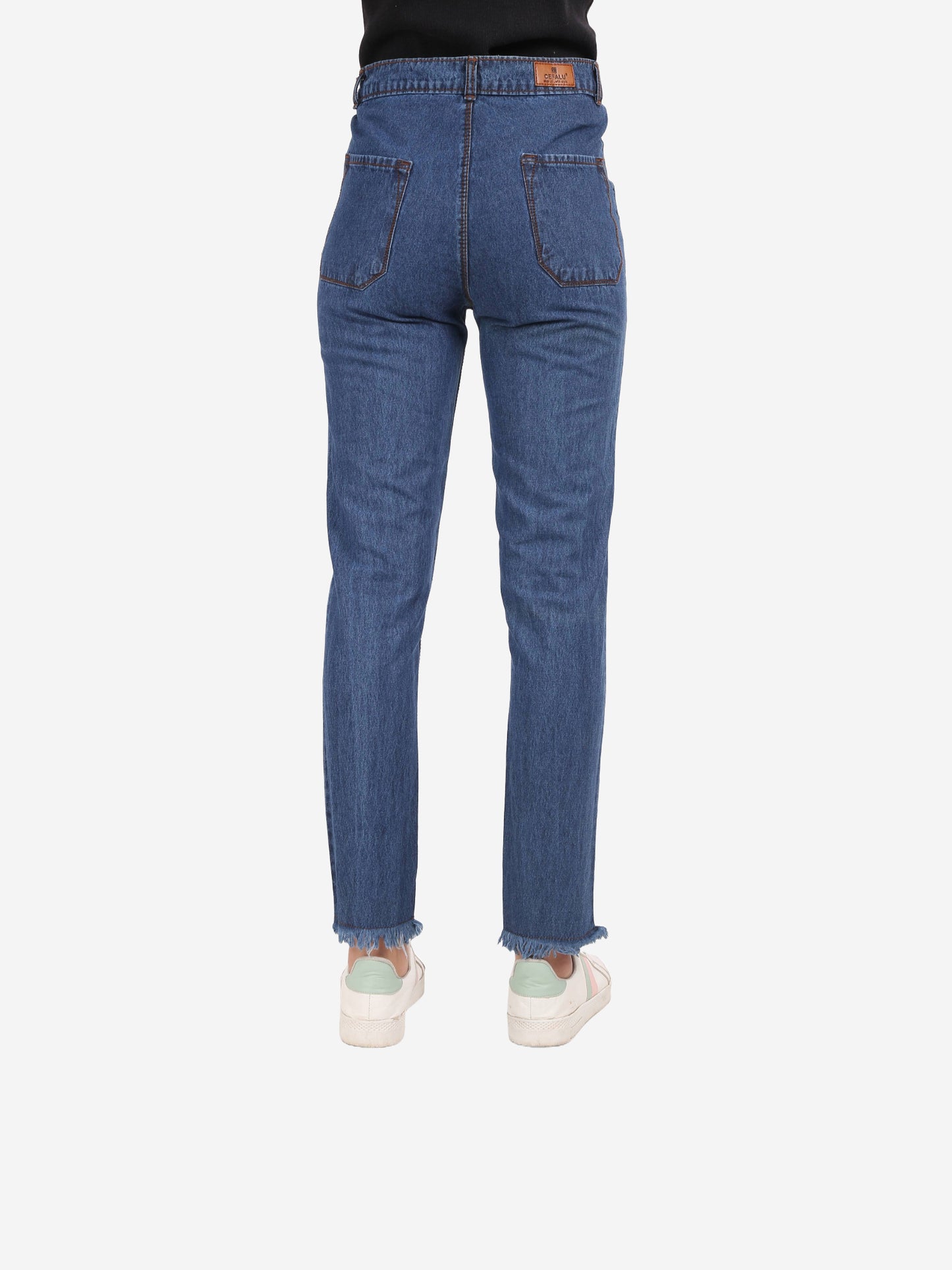 Cefalu®️ Women's High Waist Mom Jeans – Trendy Blue Denim with Raw Edge & Comfortable Fit – Shop Now!