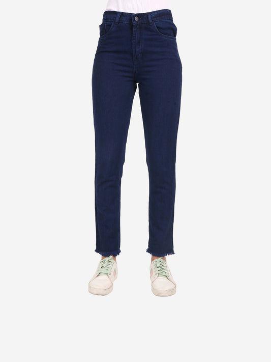 Cefalu Women's Dark Blue Mid-Rise Mom Jeans - Front view highlighting stylish raw edge hem and flattering fit.