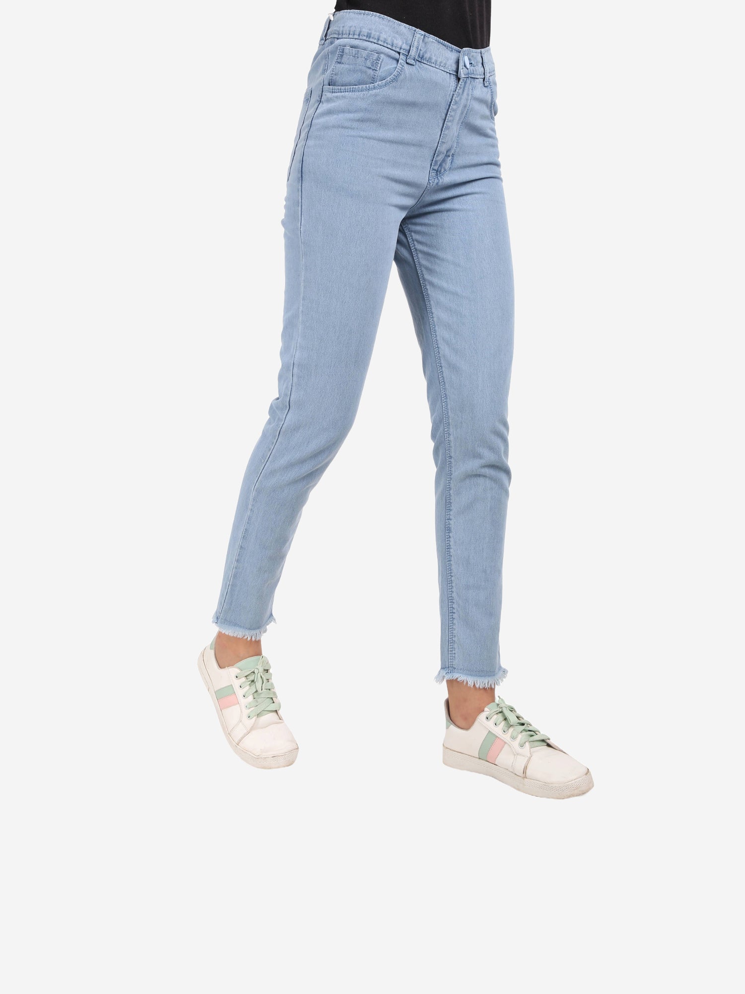 Cefalu Women's Blue Mid-Rise Mom Jeans - Side view highlighting the relaxed fit and modern raw edge detail.