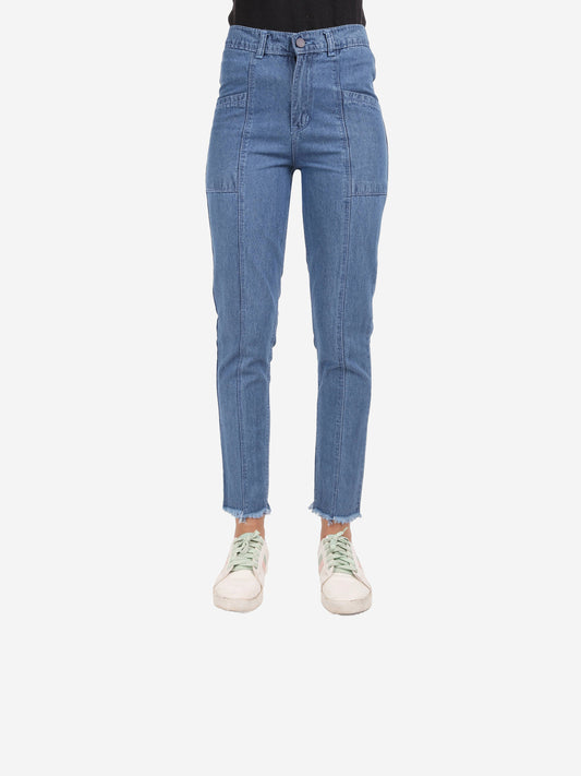 Cefalu Women's Blue Mid-Rise Mom Jeans - Front view showcasing trendy raw edge hem and flattering fit.