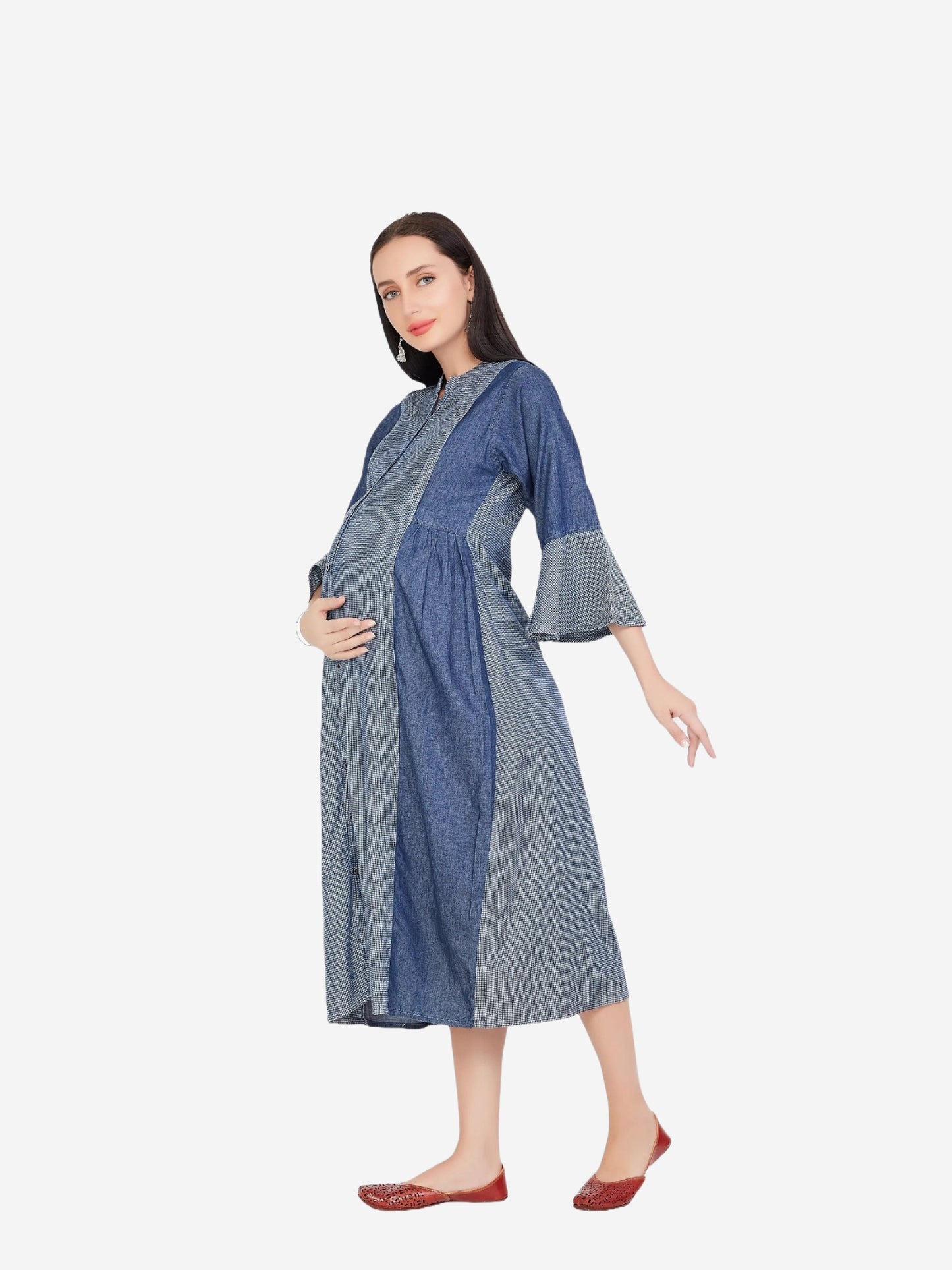 Side view of Cefalu Women's Maternity Dress in Blue, featuring the 3/4th bell sleeves and stylish fit.