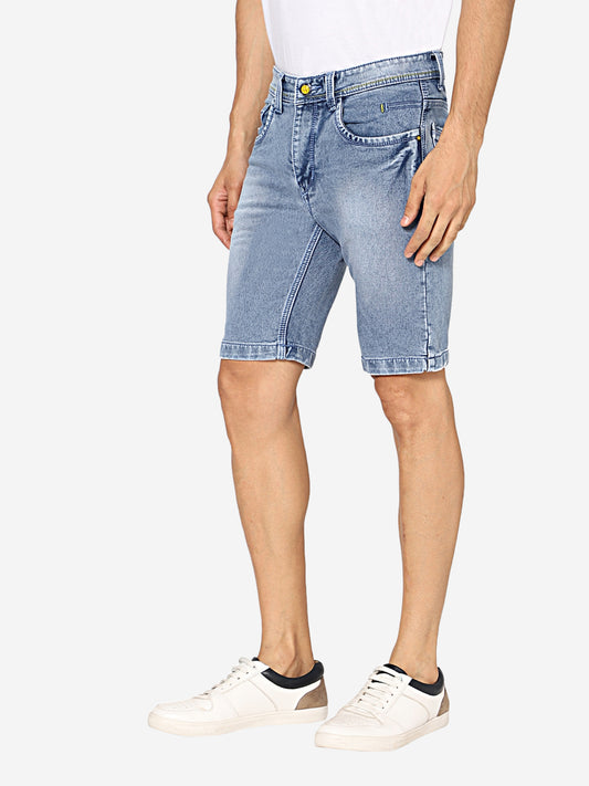 Side view of TCI Men’s Light Blue Denim Shorts, emphasizing the slim fit and mid-rise waist.