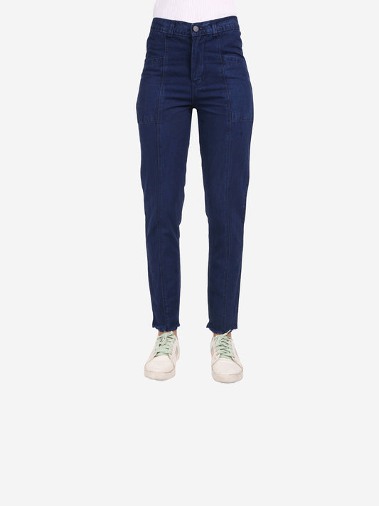 Cefalu Women's Dark Blue Mid-Rise Mom Jeans - Full front view showcasing stylish raw edge hem and flattering fit.