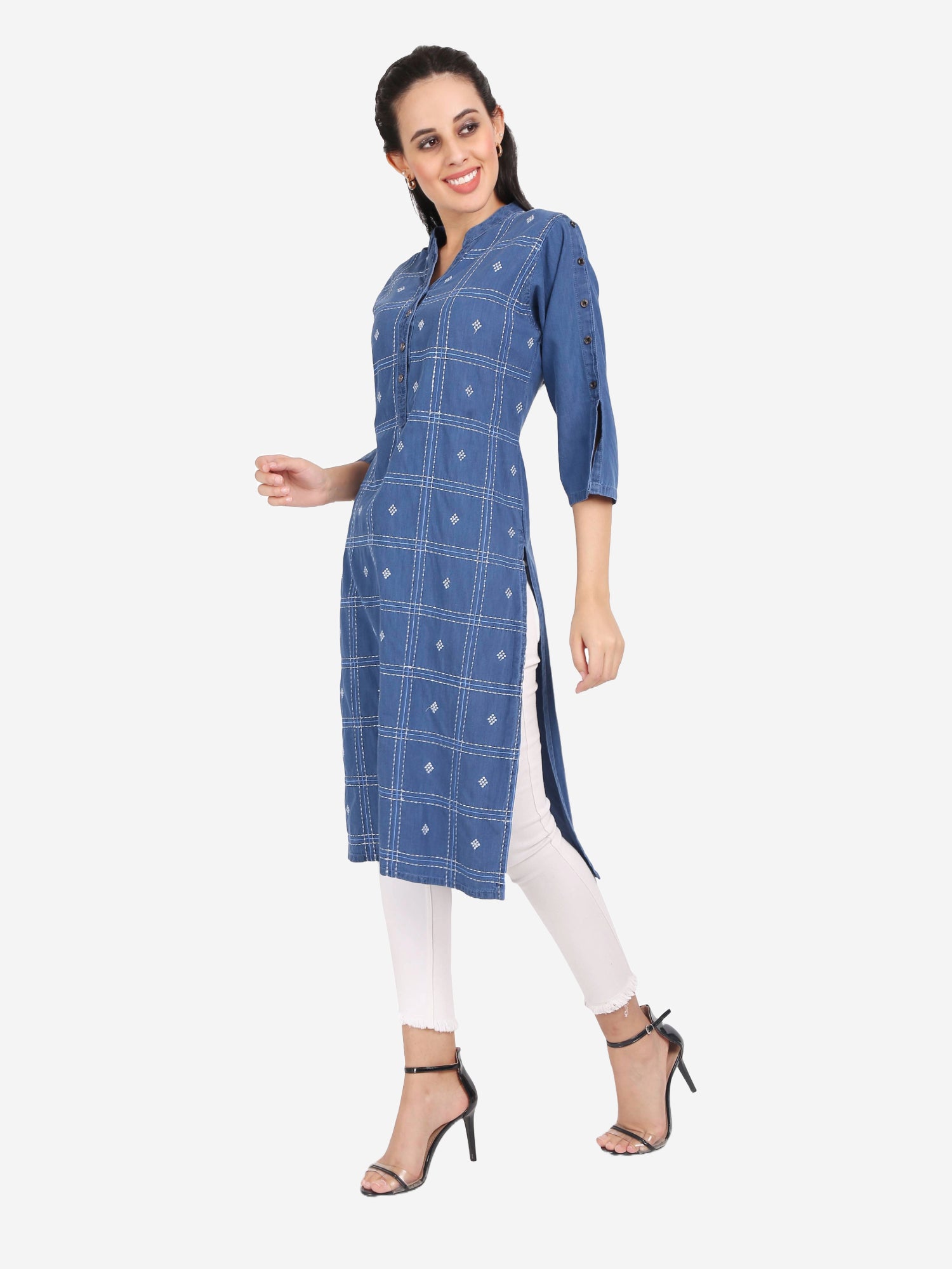 Model wearing Cefalu®️ Women’s Blue Checkered Denim Kurti, demonstrating its fit, mandarin neck, and checkered design in a stylish setting.