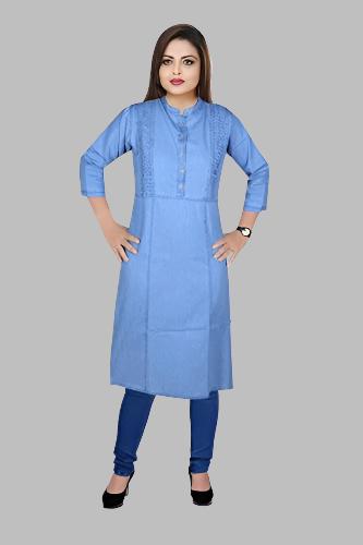 Women Cotton Blend Straight Light Blue Kurti