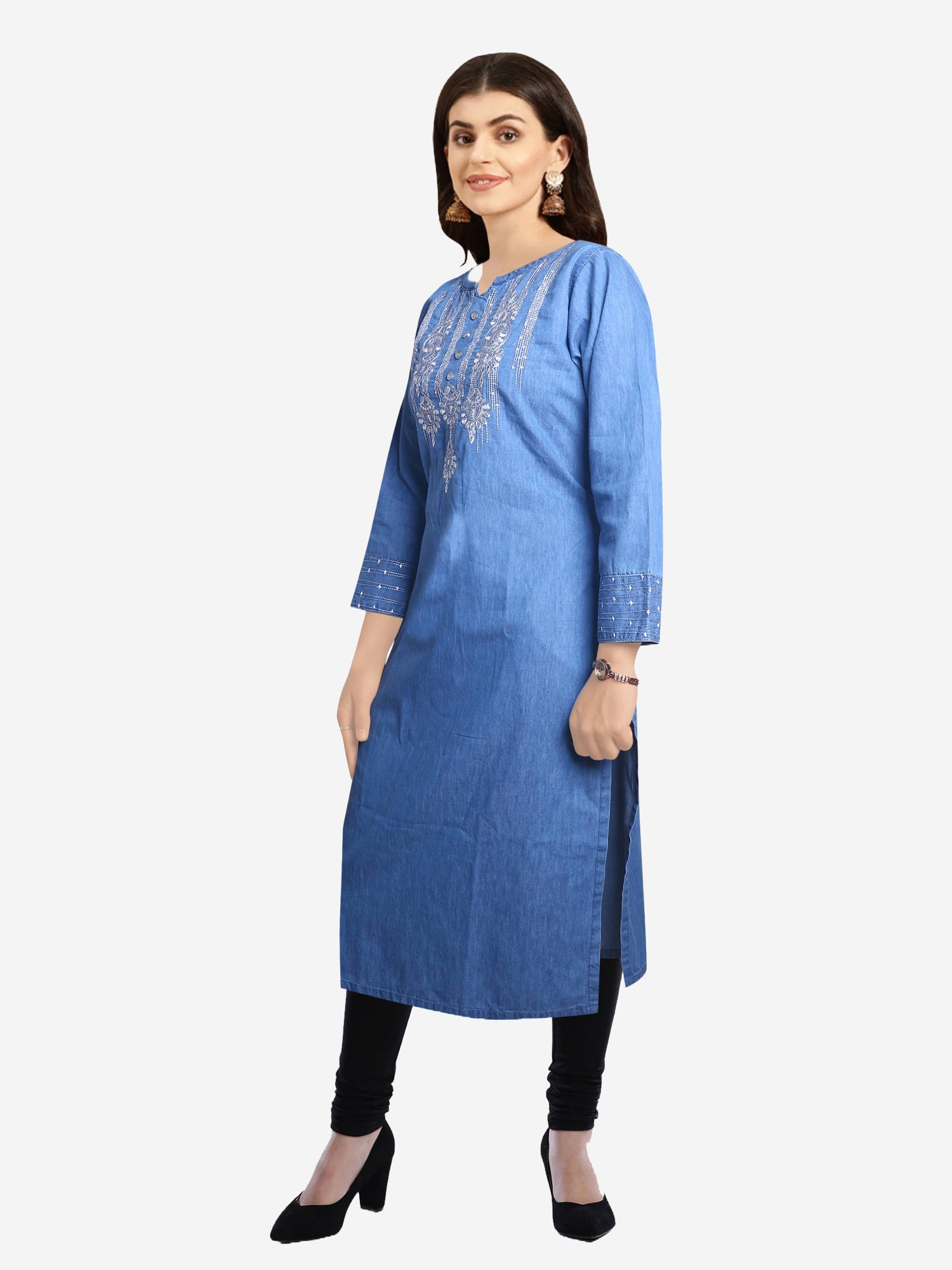 Side view of the Cefalu Women’s Blue Denim Kurti, displaying the straight cut and 3/4th sleeves.