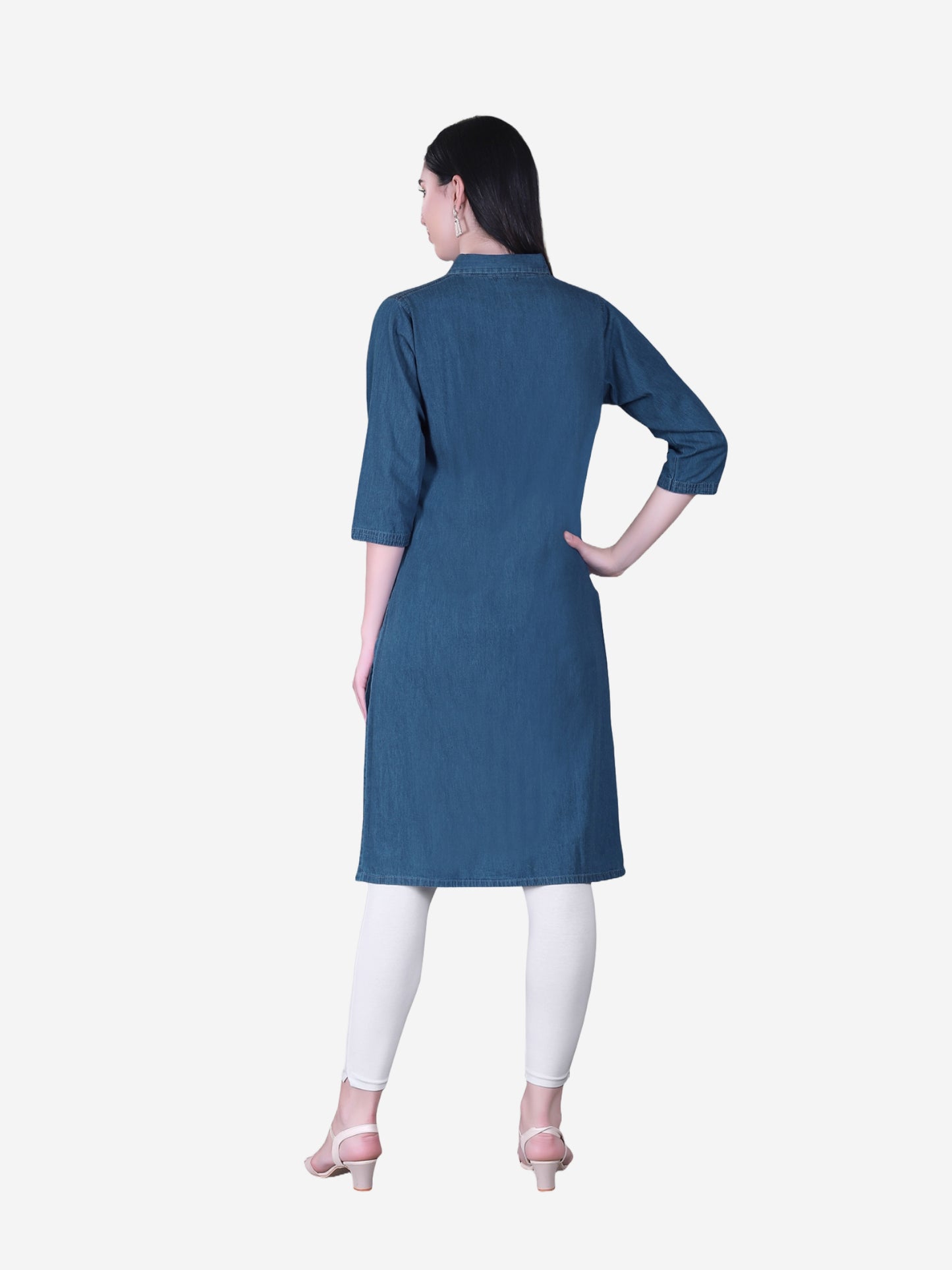 Cefalu Women’s Dark Blue Denim Kurti – Back view highlighting the straight fit and overall design