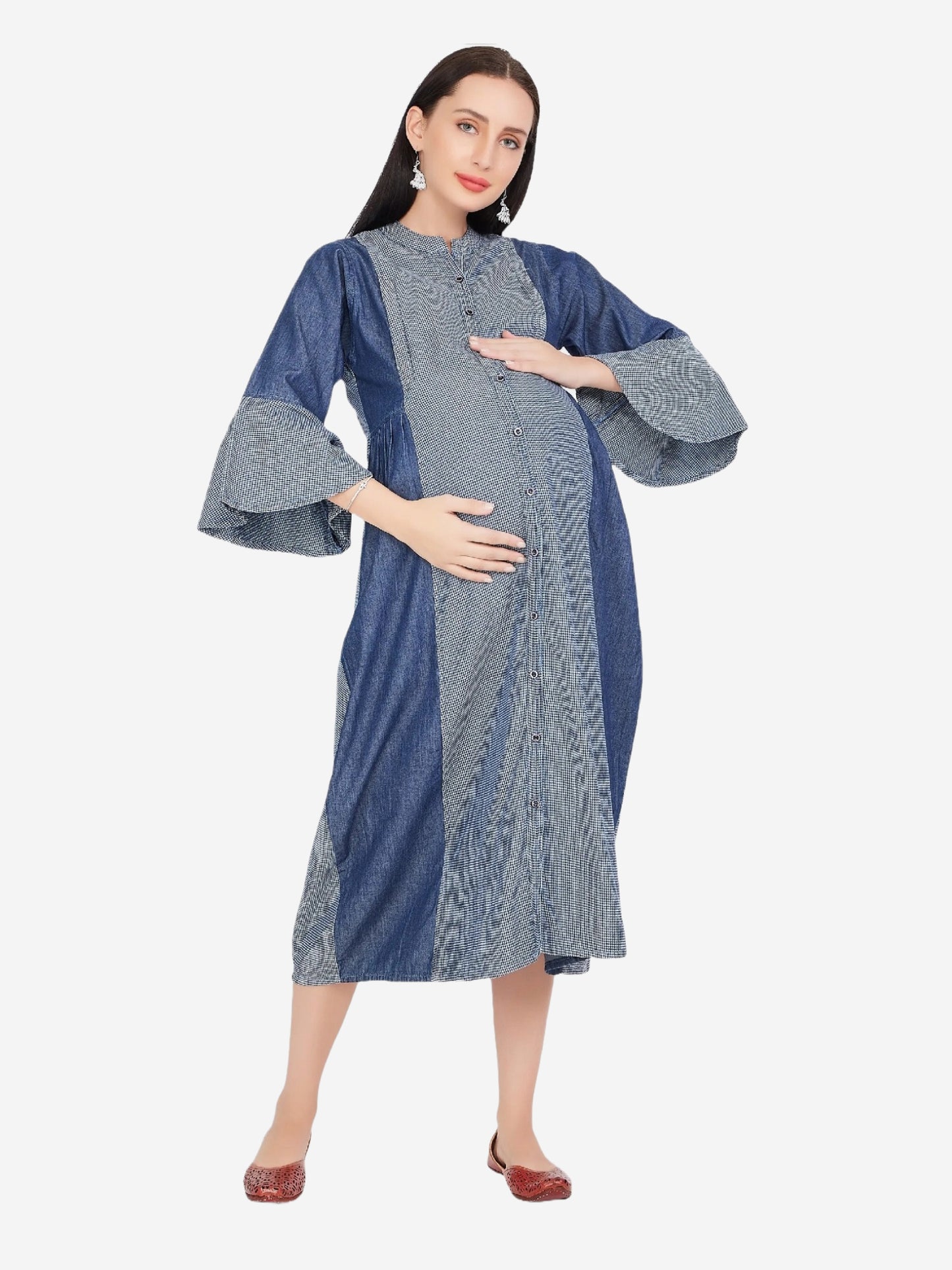 Front view of Cefalu Women's Maternity Dress in Blue, showcasing the fit & flare design and mandarin collar.