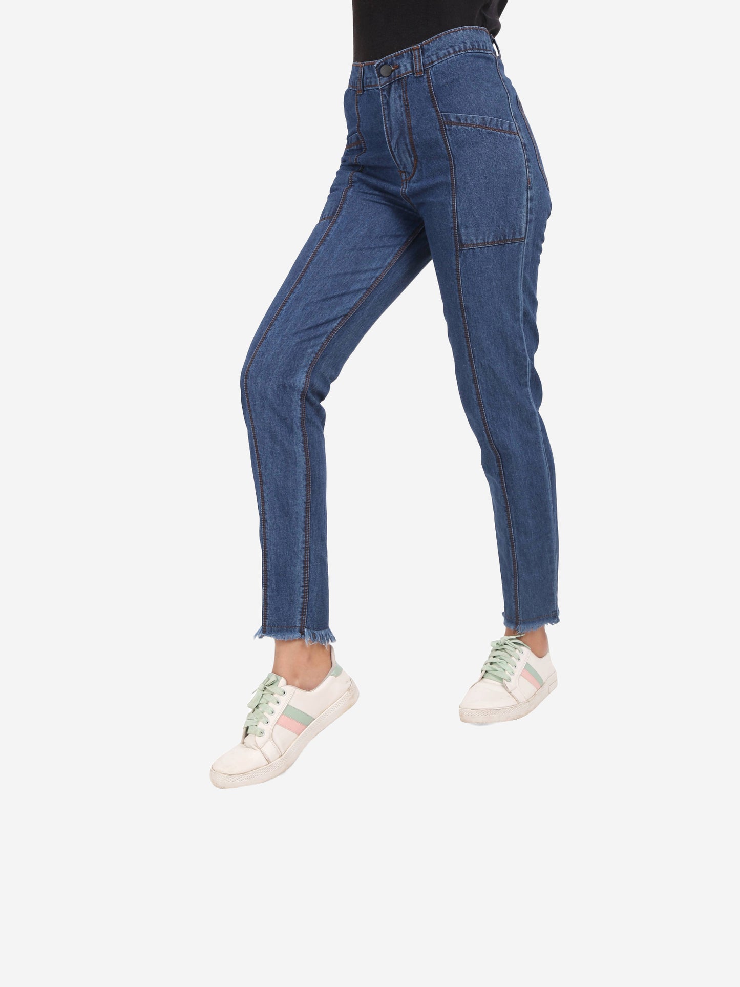 Cefalu®️ Women's High Waist Mom Jeans – Trendy Blue Denim with Raw Edge & Comfortable Fit – Shop Now!