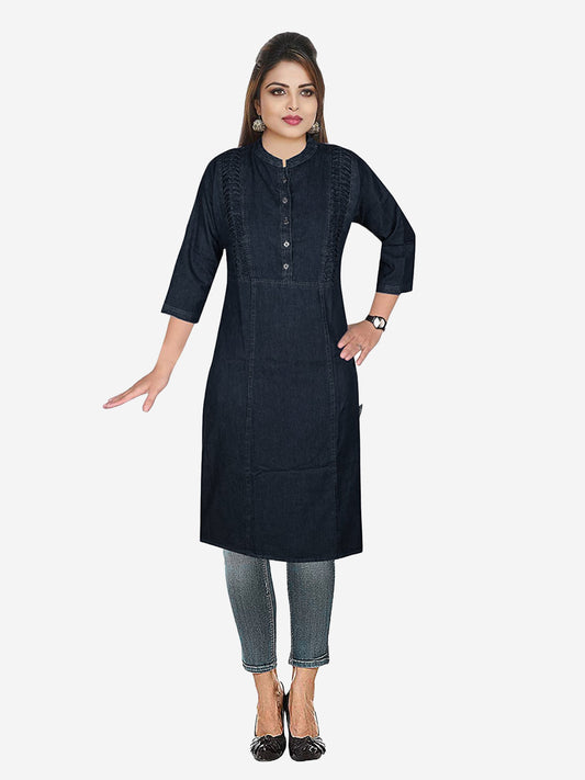 Full front view of Cefalu Women’s Black Denim Kurti, showing the straight fit and knee-length design.