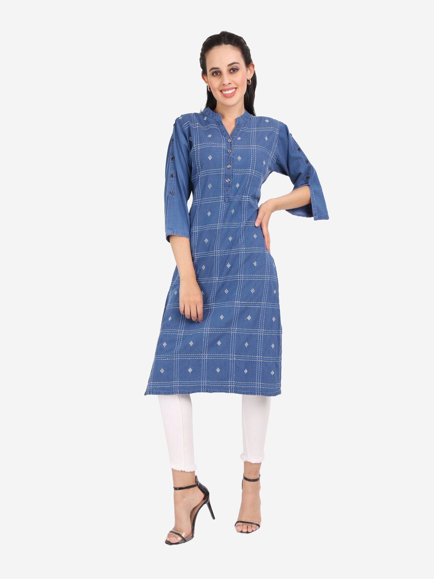 Front view of Cefalu®️ Women’s Blue Checkered Denim Kurti featuring a straight cut, mandarin neck, and 3/4 sleeves.