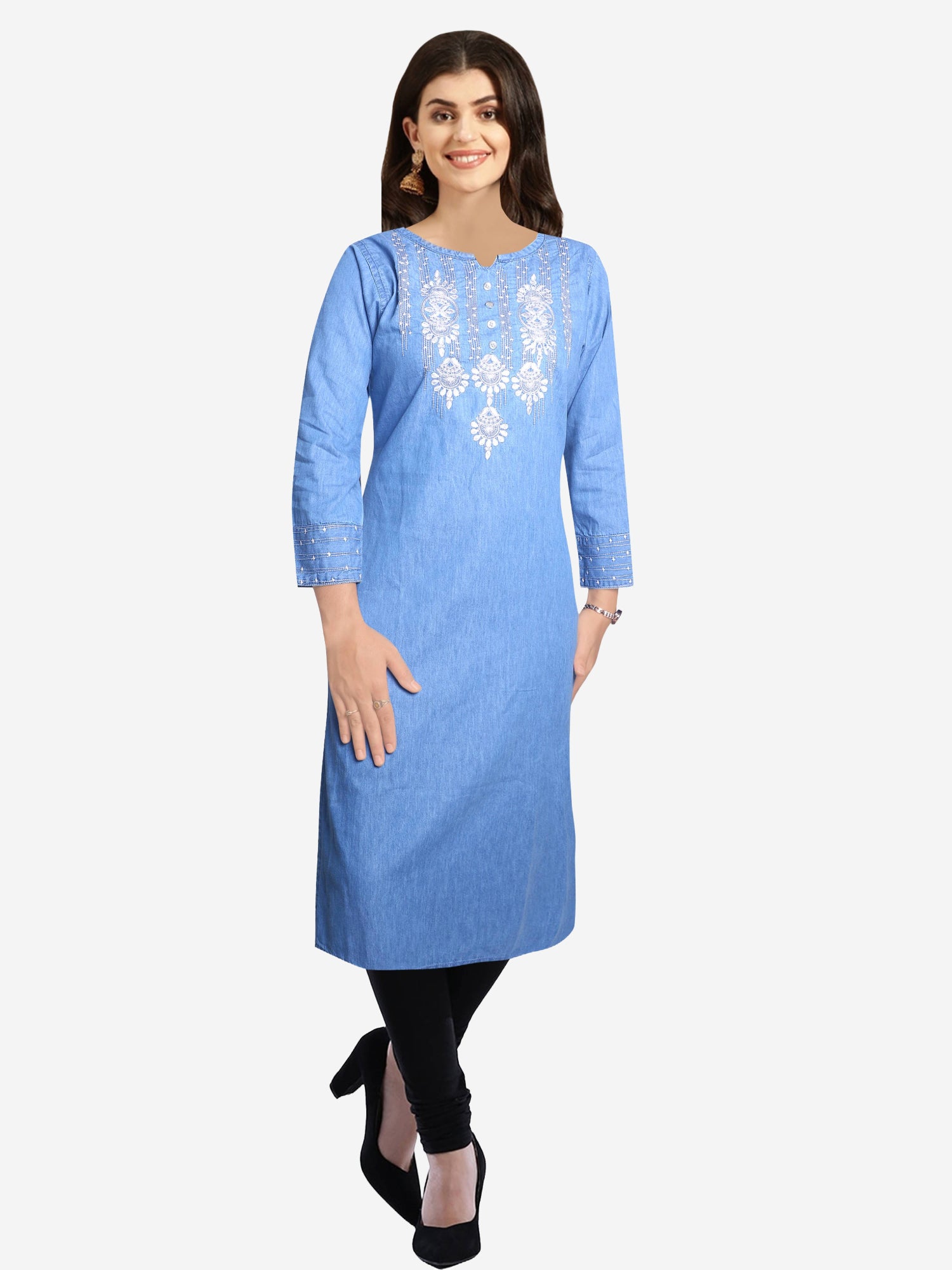 Front view of the Cefalu Women’s Blue Denim Kurti, highlighting the scoop neckline and elegant design.