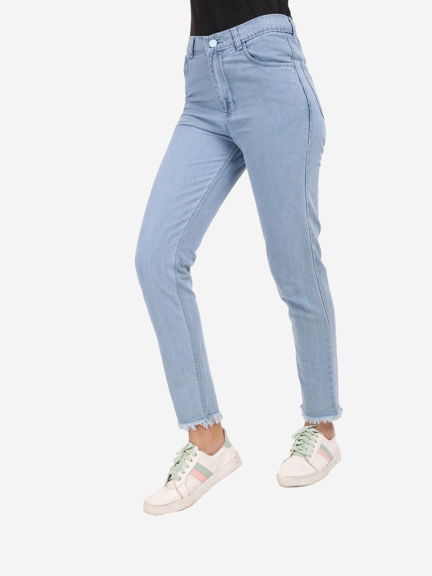 Cefalu Women's Blue Mid-Rise Mom Jeans - Side view highlighting the relaxed fit and modern raw edge detail.