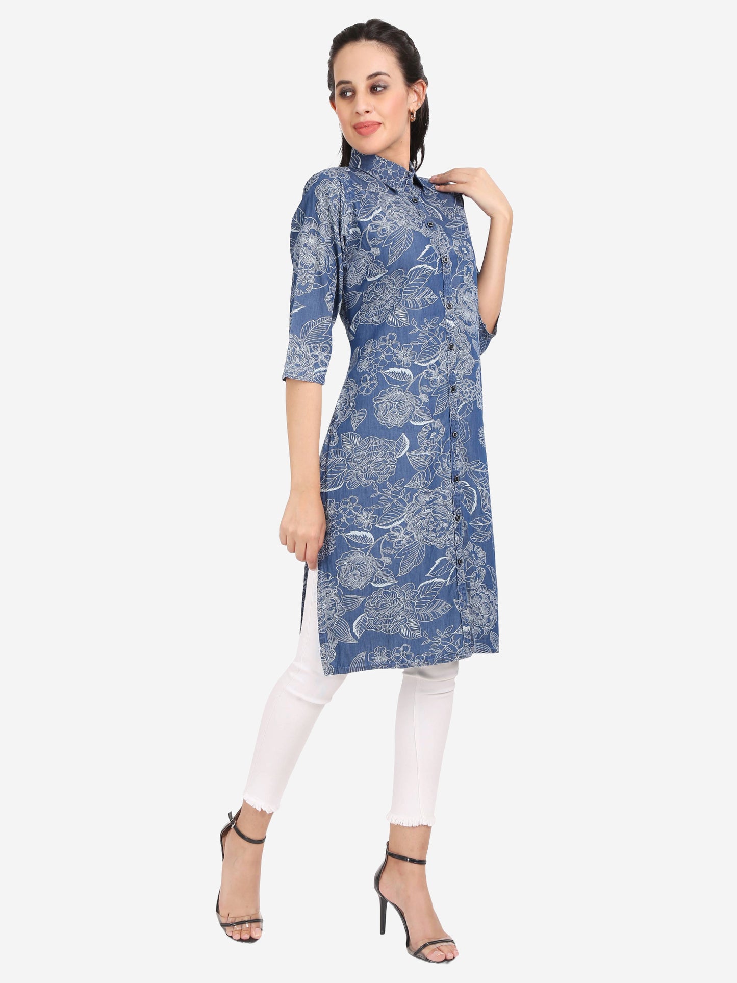 Side view of Cefalu®️ Women’s Blue Denim Kurti, emphasizing the calf-length and elegant 3/4 sleeves.